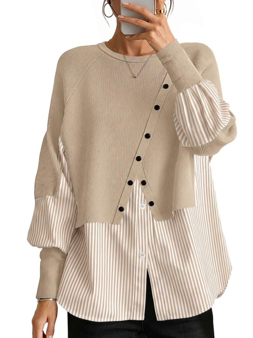 Women Knit Tops Layered Patchwork Fall Lightweight Teacher Sweater